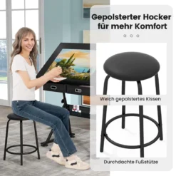 Höhenverstellbarer Zeichentisch mit Hocker & Neigbarer Tischplatte & 2 Schubladen Schwarz