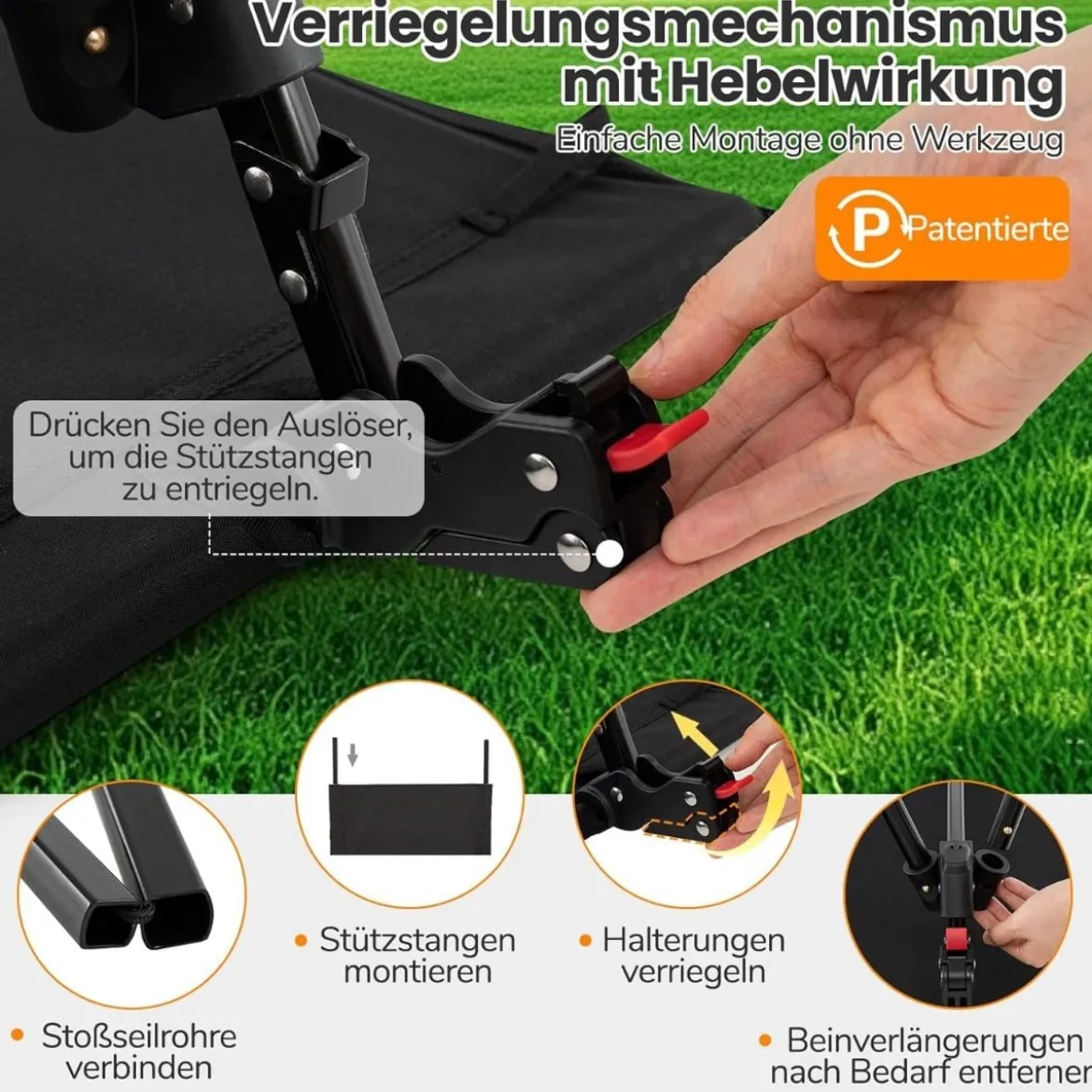 Höhenverstellbares Feldbett Campingbett mit Beinerweiterungen & Seitentasche & Netztasche