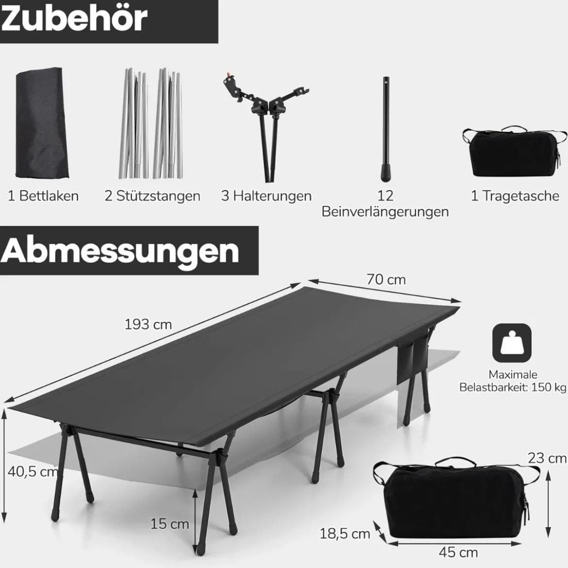 Höhenverstellbares Feldbett Campingbett mit Beinerweiterungen & Seitentasche & Netztasche