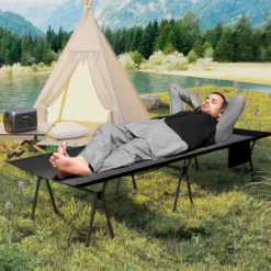 Höhenverstellbares Feldbett Campingbett mit Beinerweiterungen & Seitentasche & Netztasche
