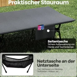 Höhenverstellbares Feldbett Campingbett mit Beinerweiterungen & Seitentasche & Netztasche