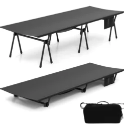 Höhenverstellbares Feldbett Campingbett mit Beinerweiterungen & Seitentasche & Netztasche