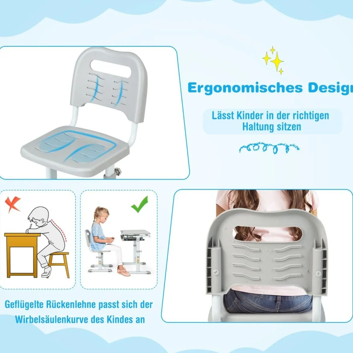 Höhenverstellbares Kinderschreibtisch Set mit Neigbarer Tischplatte & Schublade mit Stuhl Grau