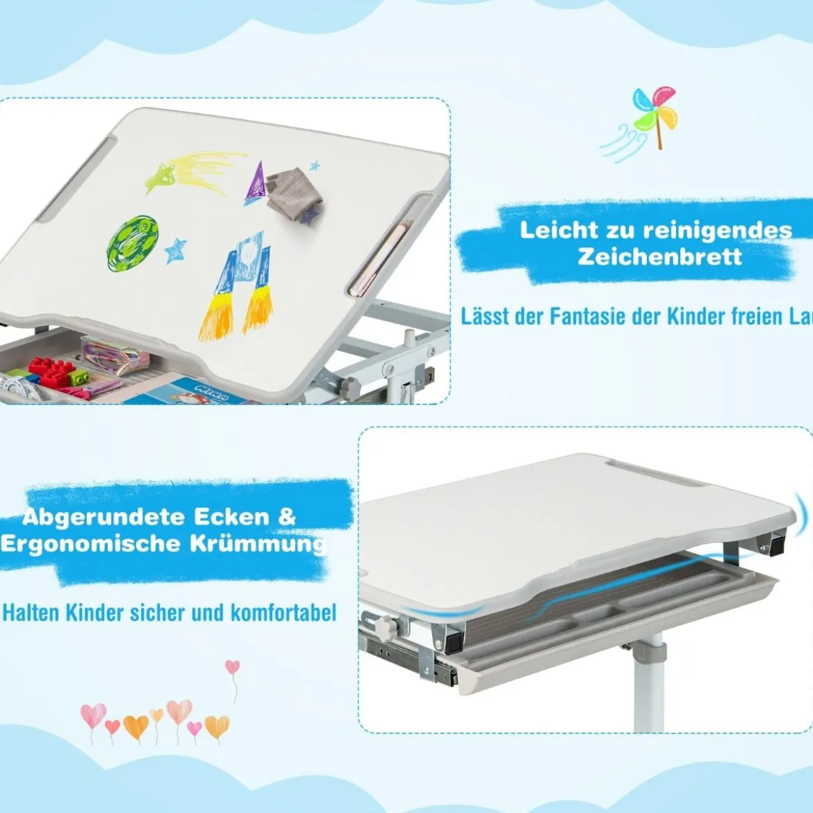 Höhenverstellbares Kinderschreibtisch Set mit Neigbarer Tischplatte & Schublade mit Stuhl Grau