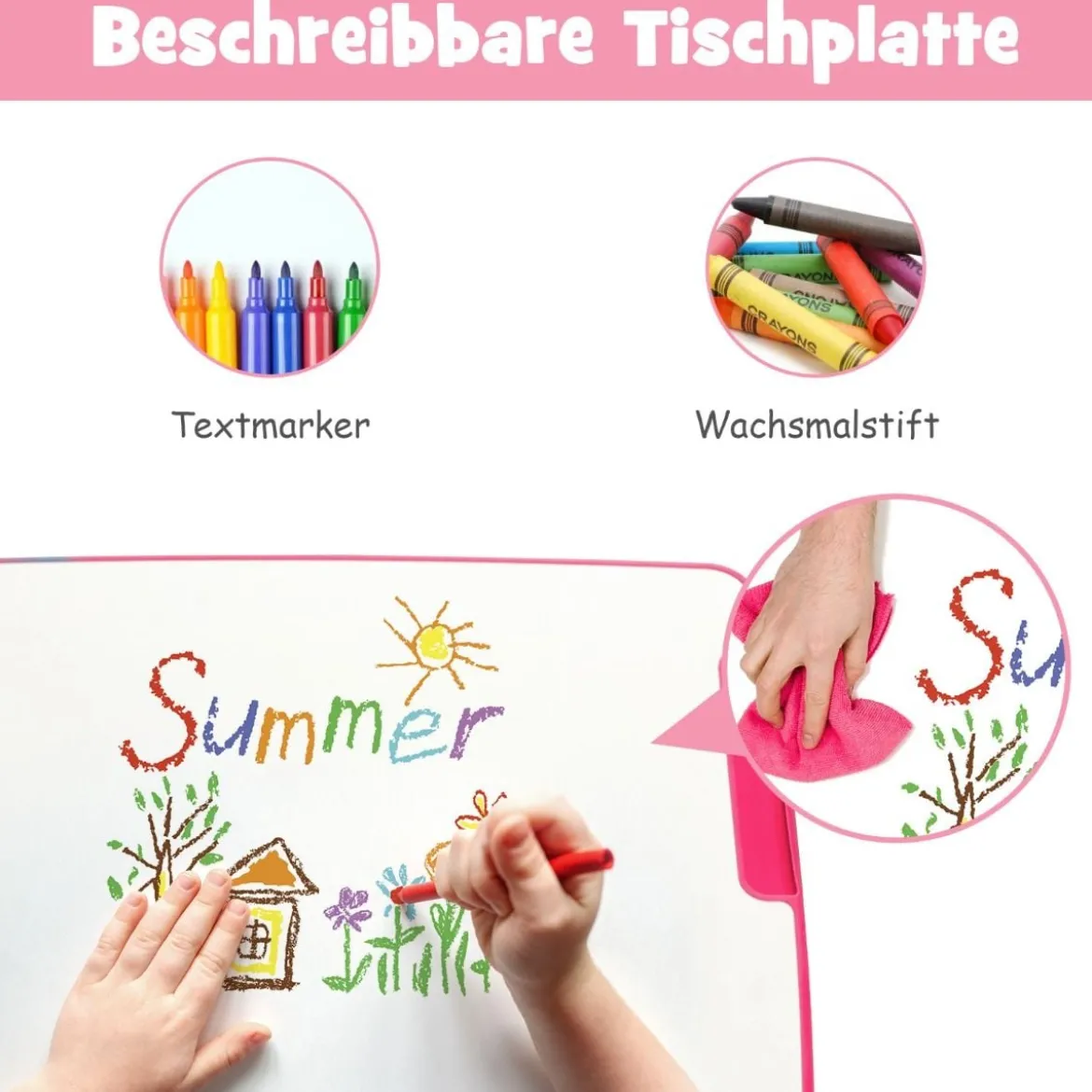 Höhenverstellbares Kinderschreibtisch Set mit Neigbarer Tischplatte & Schublade Rosa