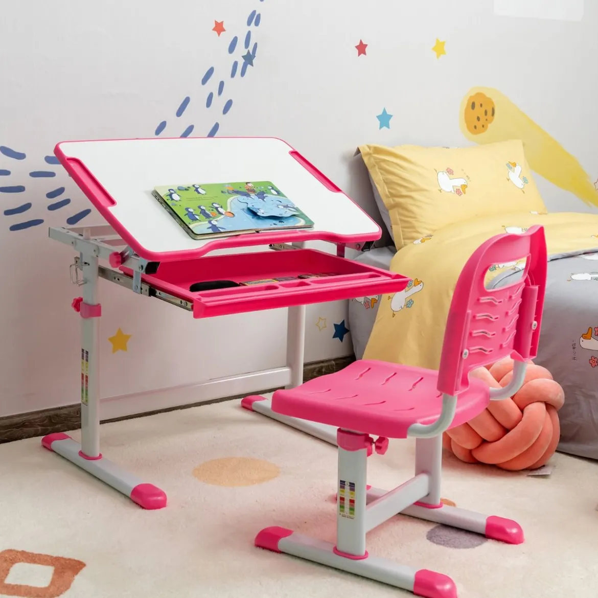 Höhenverstellbares Kinderschreibtisch Set mit Neigbarer Tischplatte & Schublade Rosa
