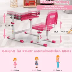 Höhenverstellbares Kinderschreibtisch Set mit Neigbarer Tischplatte & Schublade Rosa
