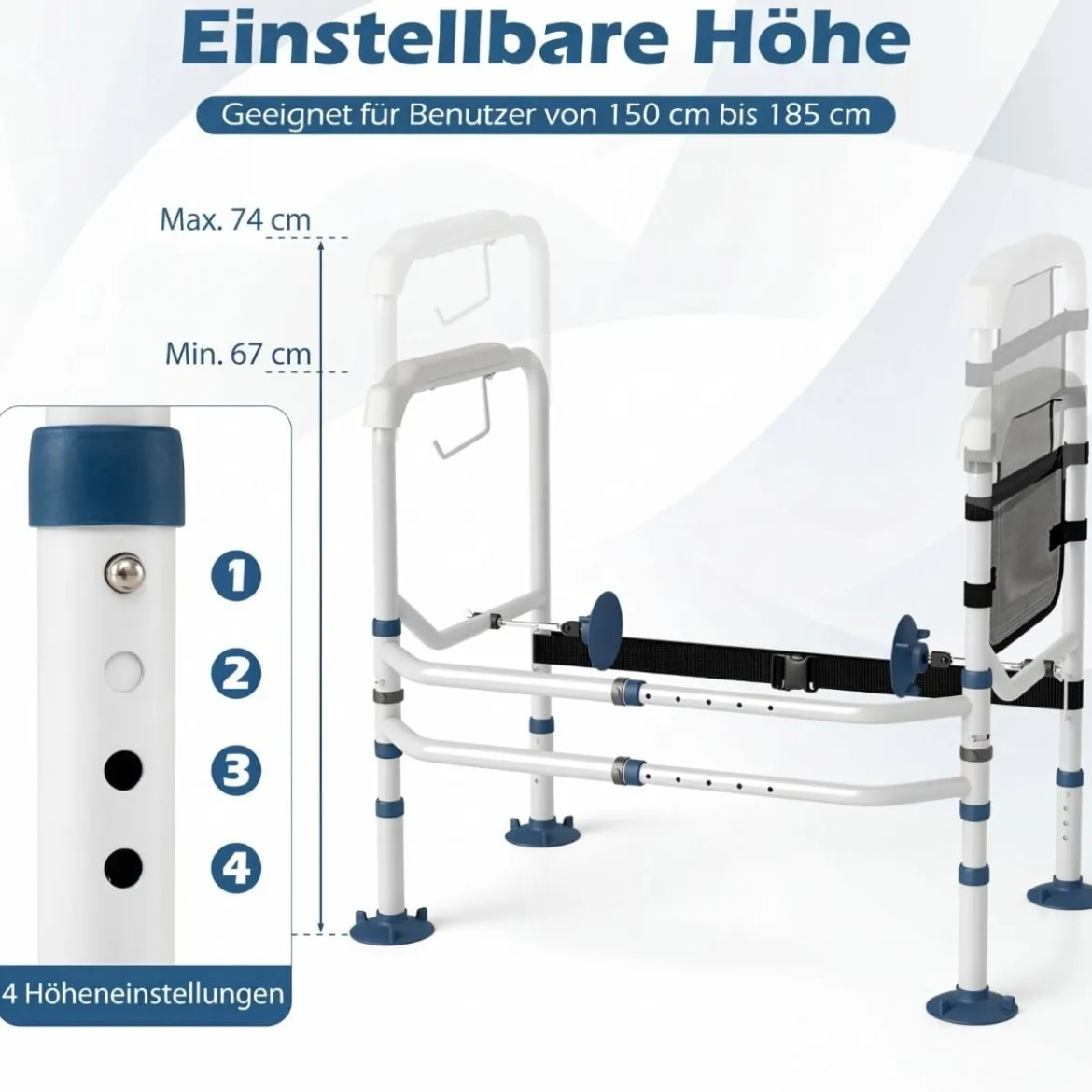 Höhenverstellbare Wc Aufstehhilfe Breitenverstellbar mit Elastischem Band Netz Tasche Halter für Senioren Weiß