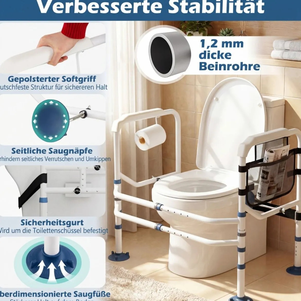 Höhenverstellbare Wc Aufstehhilfe Breitenverstellbar mit Elastischem Band Netz Tasche Halter für Senioren Weiß
