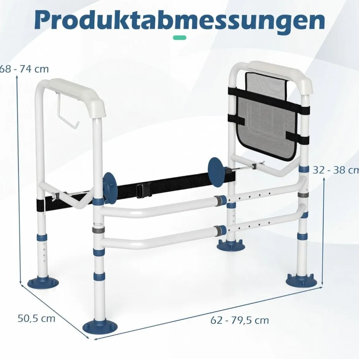 Höhenverstellbare Wc Aufstehhilfe Breitenverstellbar mit Elastischem Band Netz Tasche Halter für Senioren Weiß