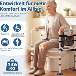 Höhenverstellbare Wc Aufstehhilfe Breitenverstellbar mit Elastischem Band Netz Tasche Halter für Senioren Weiß