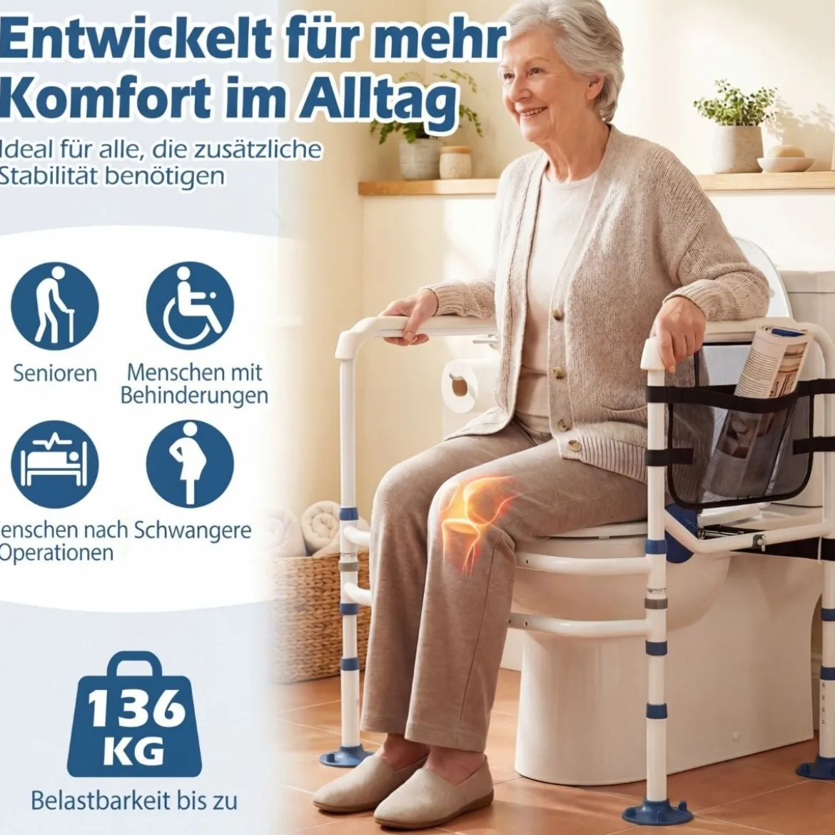 Höhenverstellbare Wc Aufstehhilfe Breitenverstellbar mit Elastischem Band Netz Tasche Halter für Senioren Weiß