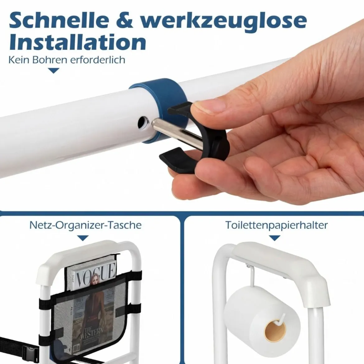 Höhenverstellbare Wc Aufstehhilfe Breitenverstellbar mit Elastischem Band Netz Tasche Halter für Senioren Weiß