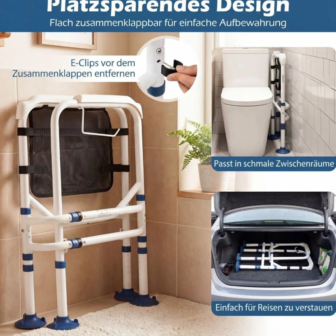 Höhenverstellbare Wc Aufstehhilfe Breitenverstellbar mit Elastischem Band Netz Tasche Halter für Senioren Weiß
