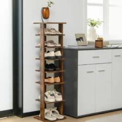 Höheverstellbarer 8 stufiger Schuhständer aus Holz Platzsparendes Schuhregal Braun