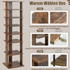 Höheverstellbarer 8 stufiger Schuhständer aus Holz Platzsparendes Schuhregal Braun