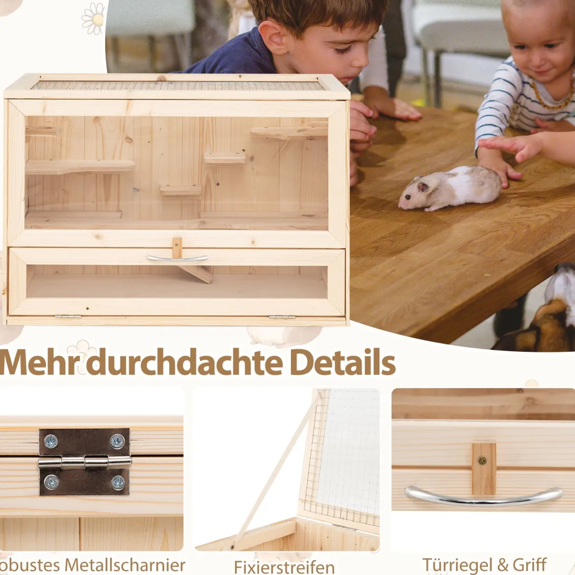 Hölzerne Hamsterkäfig mit Netz-Klappdeckel & Multi-Leitern Hamster Lebensraum Laufstall