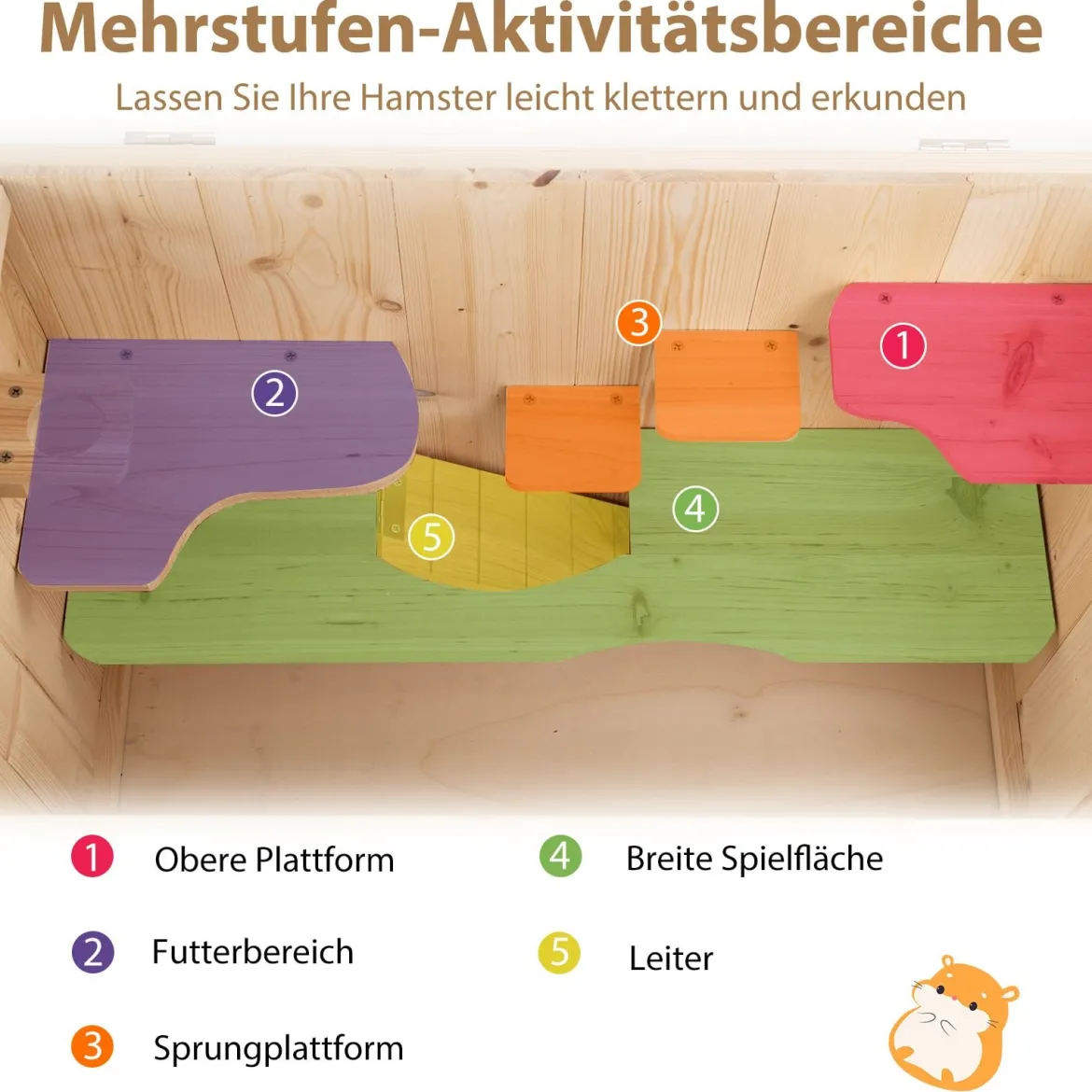 Hölzerne Hamsterkäfig mit Netz-Klappdeckel & Multi-Leitern Hamster Lebensraum Laufstall