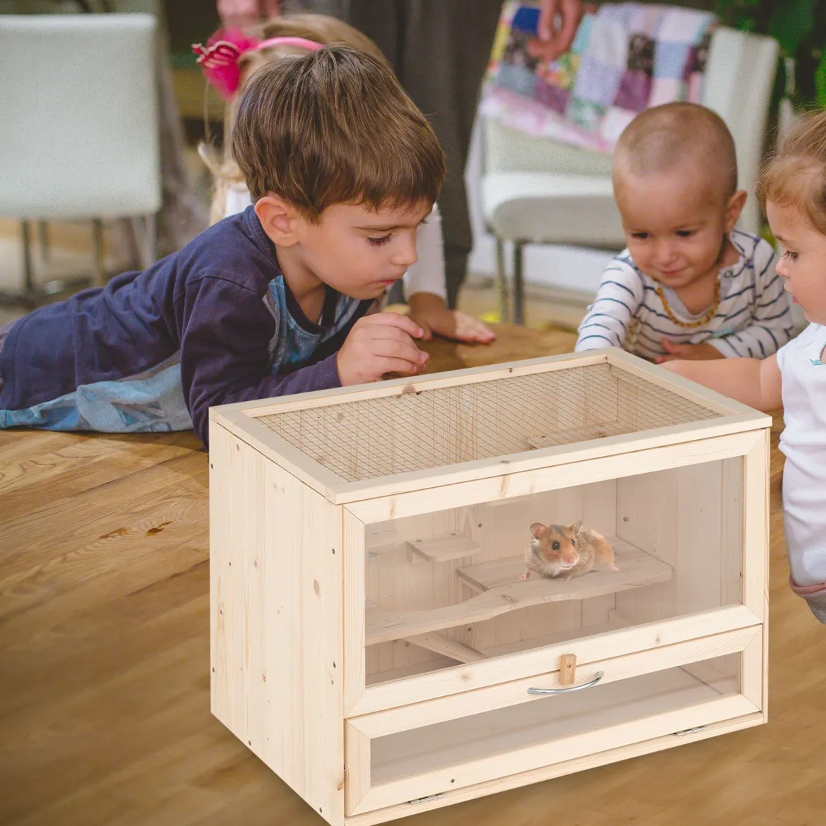 Hölzerne Hamsterkäfig mit Netz-Klappdeckel & Multi-Leitern Hamster Lebensraum Laufstall