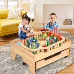 Hölzerne Kindereisenbahn Zug Holzeisenbahn set Aktivitätstisch mit Schublade 78 x 63 x 33 cm Natur