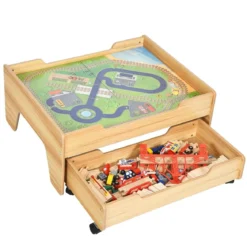 Hölzerne Kindereisenbahn Zug Holzeisenbahn set Aktivitätstisch mit Schublade 78 x 63 x 33 cm Natur