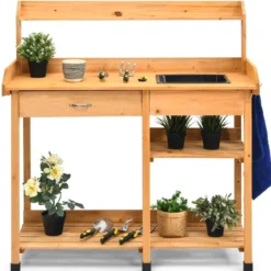 Hölzerne Pflanzbank Massivholz-Gartenarbeitstisch Pflanztisch Garten Arbeitstisch 115 x 45 x 121 cm Natur