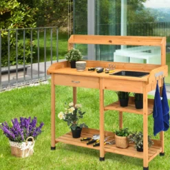 Hölzerne Pflanzbank Massivholz-Gartenarbeitstisch Pflanztisch Garten Arbeitstisch 115 x 45 x 121 cm Natur