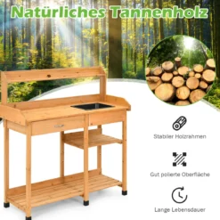 Hölzerne Pflanzbank Massivholz-Gartenarbeitstisch Pflanztisch Garten Arbeitstisch 115 x 45 x 121 cm Natur