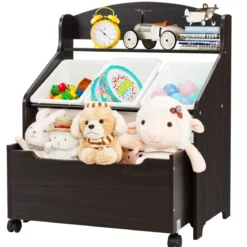Hölzerner Kinderschrank mit Rollen Bücherregal & Spielzeugablage für Kinder Spielzeugschrank Braun