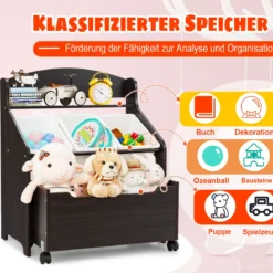 Hölzerner Kinderschrank mit Rollen Bücherregal & Spielzeugablage für Kinder Spielzeugschrank Braun