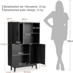 Hölzernes Bücherregal 4-stöckiges Bücherregal mit 2 Türen Aufbewahrungsschrank Schwarz