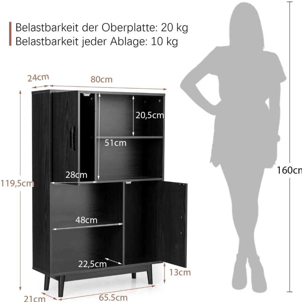 Hölzernes Bücherregal 4-stöckiges Bücherregal mit 2 Türen Aufbewahrungsschrank Schwarz