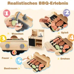 Hölzernes Grill-Spielset mit Spiel-Lebensmitteln & Grillwerkzeug & Zubehör Küchen Set
