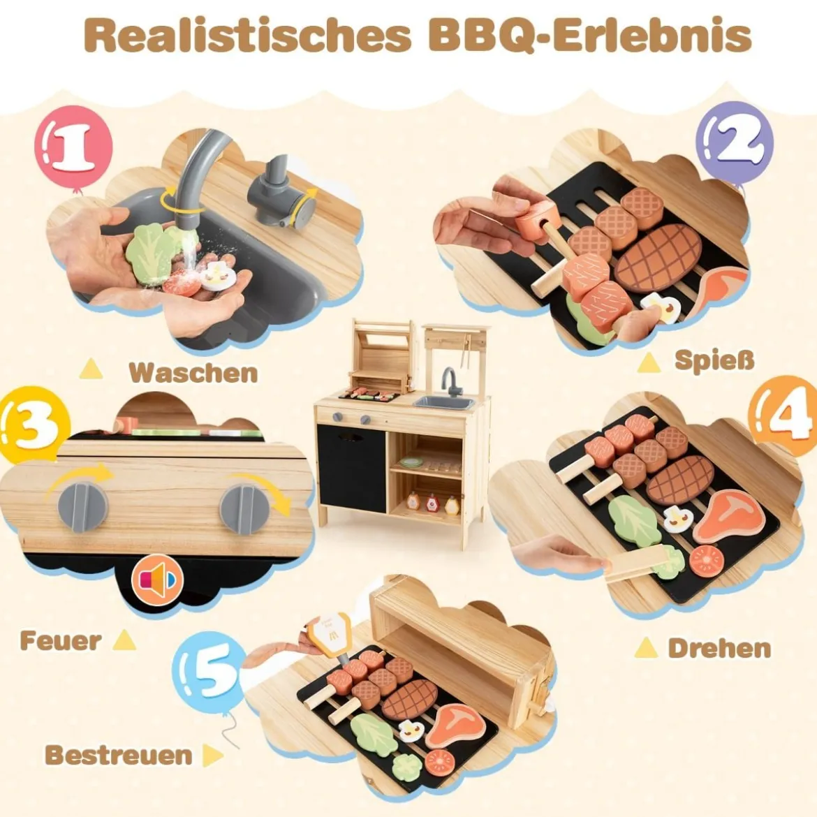 Hölzernes Grill-Spielset mit Spiel-Lebensmitteln & Grillwerkzeug & Zubehör Küchen Set