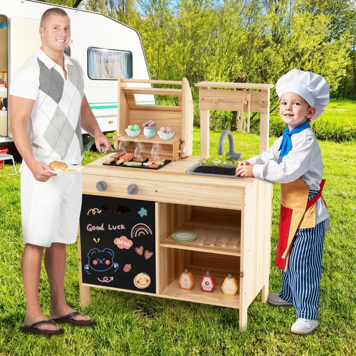 Hölzernes Grill-Spielset mit Spiel-Lebensmitteln & Grillwerkzeug & Zubehör Küchen Set