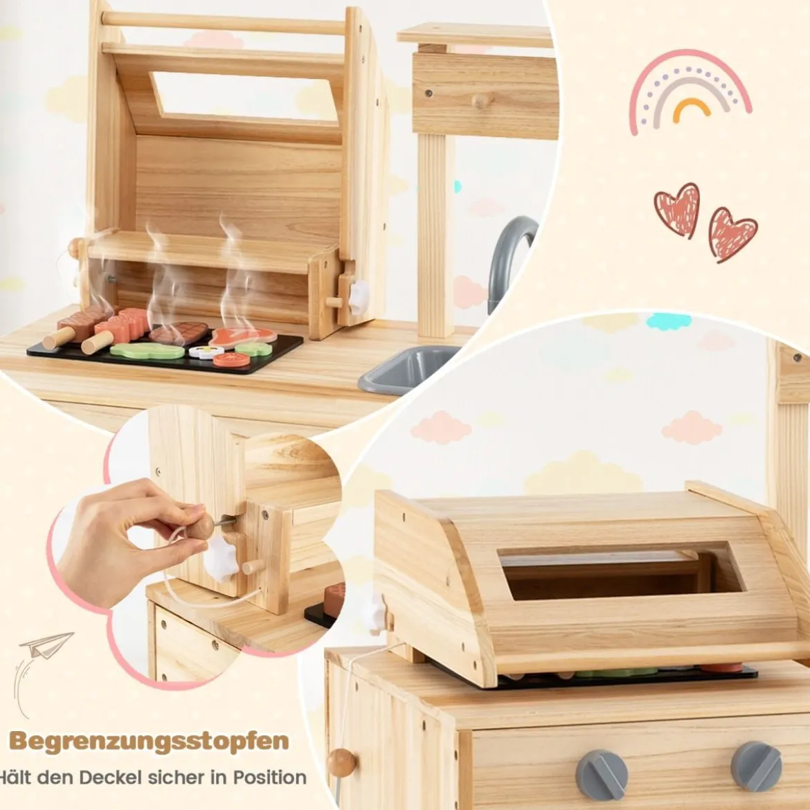 Hölzernes Grill-Spielset mit Spiel-Lebensmitteln & Grillwerkzeug & Zubehör Küchen Set