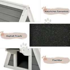 Hölzernes Katzenhaus mit Wetterfestem Dach 50 x 55 x 52 cm Grau + Weiß