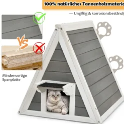 Hölzernes Katzenhaus mit Wetterfestem Dach 50 x 55 x 52 cm Grau + Weiß