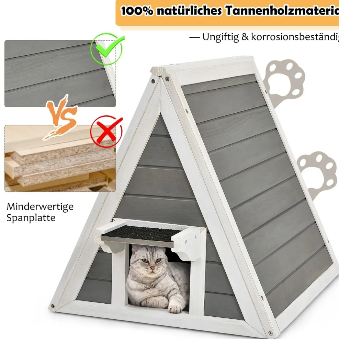 Hölzernes Katzenhaus mit Wetterfestem Dach 50 x 55 x 52 cm Grau + Weiß