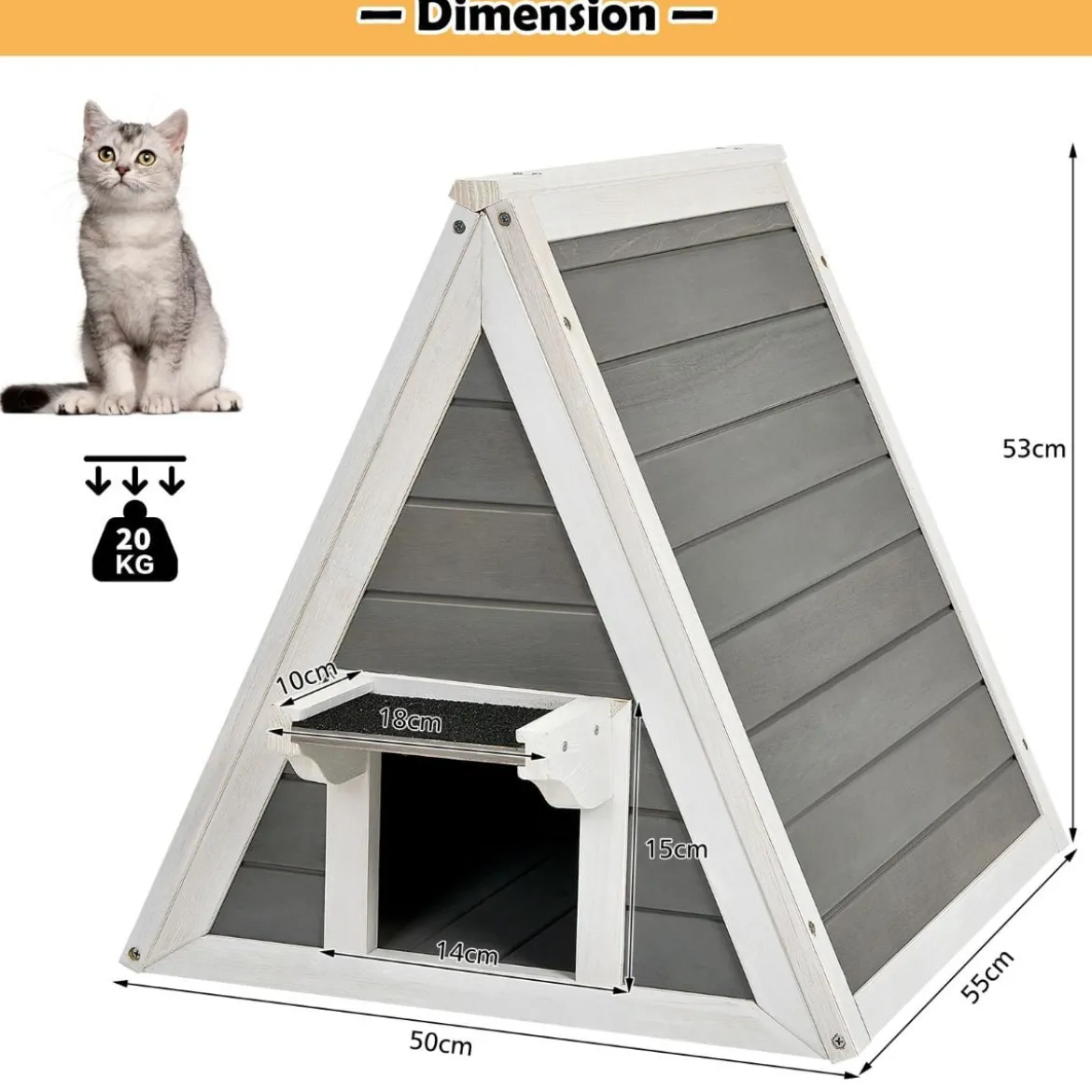 Hölzernes Katzenhaus mit Wetterfestem Dach 50 x 55 x 52 cm Grau + Weiß