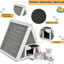 Hölzernes Katzenhaus mit Wetterfestem Dach 50 x 55 x 52 cm Grau + Weiß