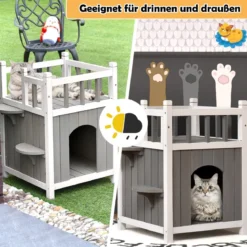 Hölzernes Katzenhaus Outdoor winterfest Katzenhütte 2 Ebenen Holz Katzenhöhle für draußen und drinnen