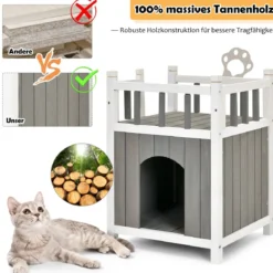Hölzernes Katzenhaus Outdoor winterfest Katzenhütte 2 Ebenen Holz Katzenhöhle für draußen und drinnen