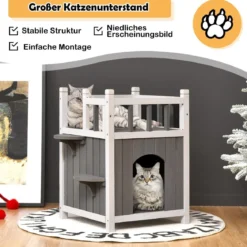 Hölzernes Katzenhaus Outdoor winterfest Katzenhütte 2 Ebenen Holz Katzenhöhle für draußen und drinnen