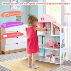 Hölzernes Puppenhaus mit 8-teiligem Möbelset für Kinder ab 3 Jahren 71 x 23,5 x 87 cm
