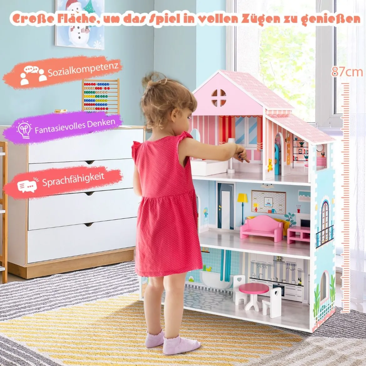 Hölzernes Puppenhaus mit 8-teiligem Möbelset für Kinder ab 3 Jahren 71 x 23,5 x 87 cm