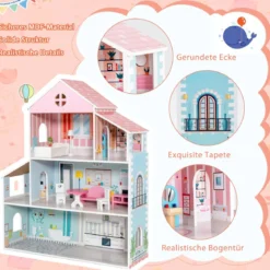Hölzernes Puppenhaus mit 8-teiligem Möbelset für Kinder ab 3 Jahren 71 x 23,5 x 87 cm