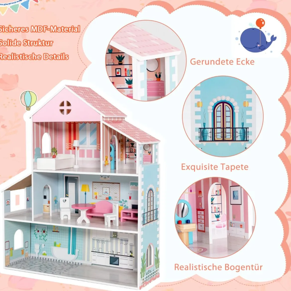 Hölzernes Puppenhaus mit 8-teiligem Möbelset für Kinder ab 3 Jahren 71 x 23,5 x 87 cm