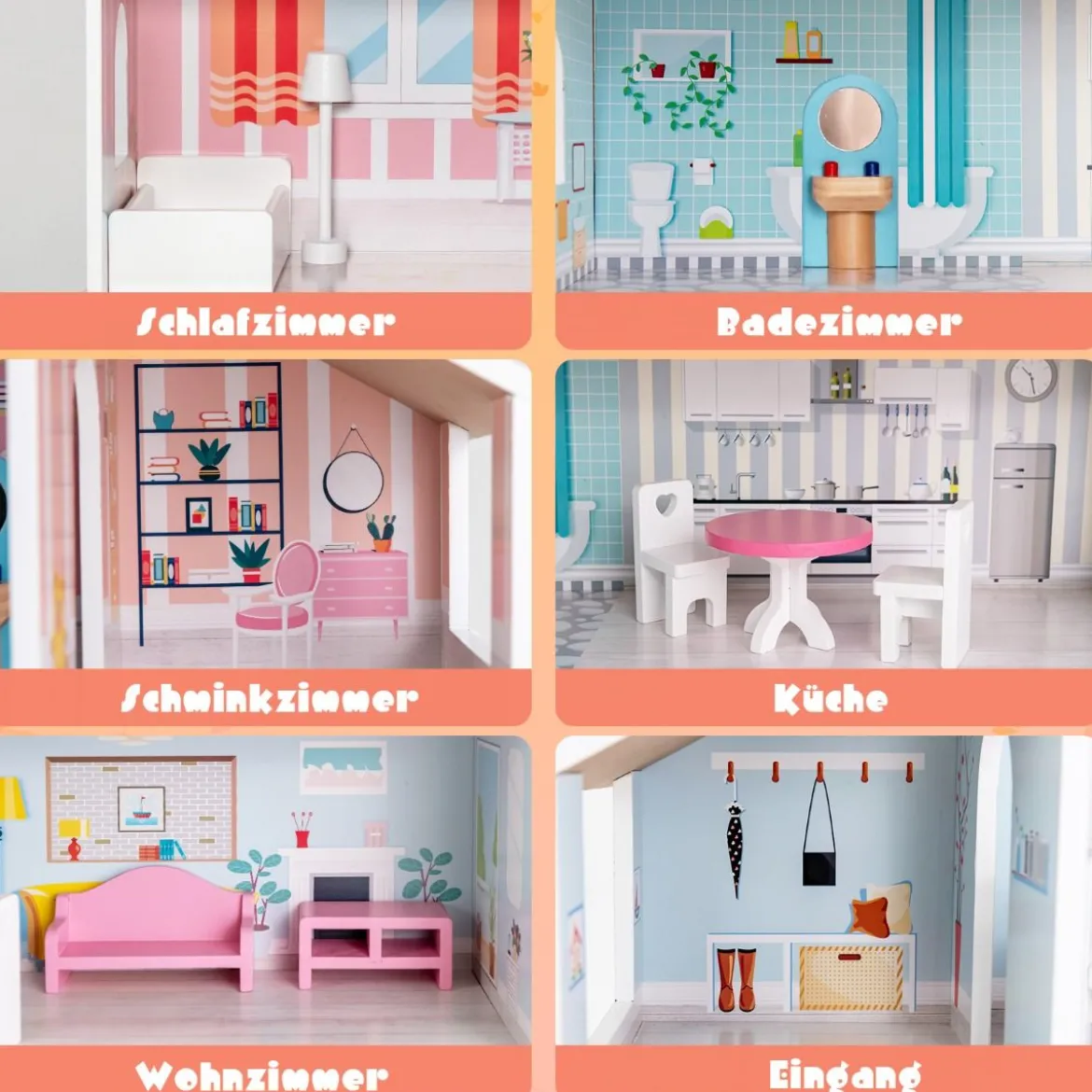Hölzernes Puppenhaus mit 8-teiligem Möbelset für Kinder ab 3 Jahren 71 x 23,5 x 87 cm