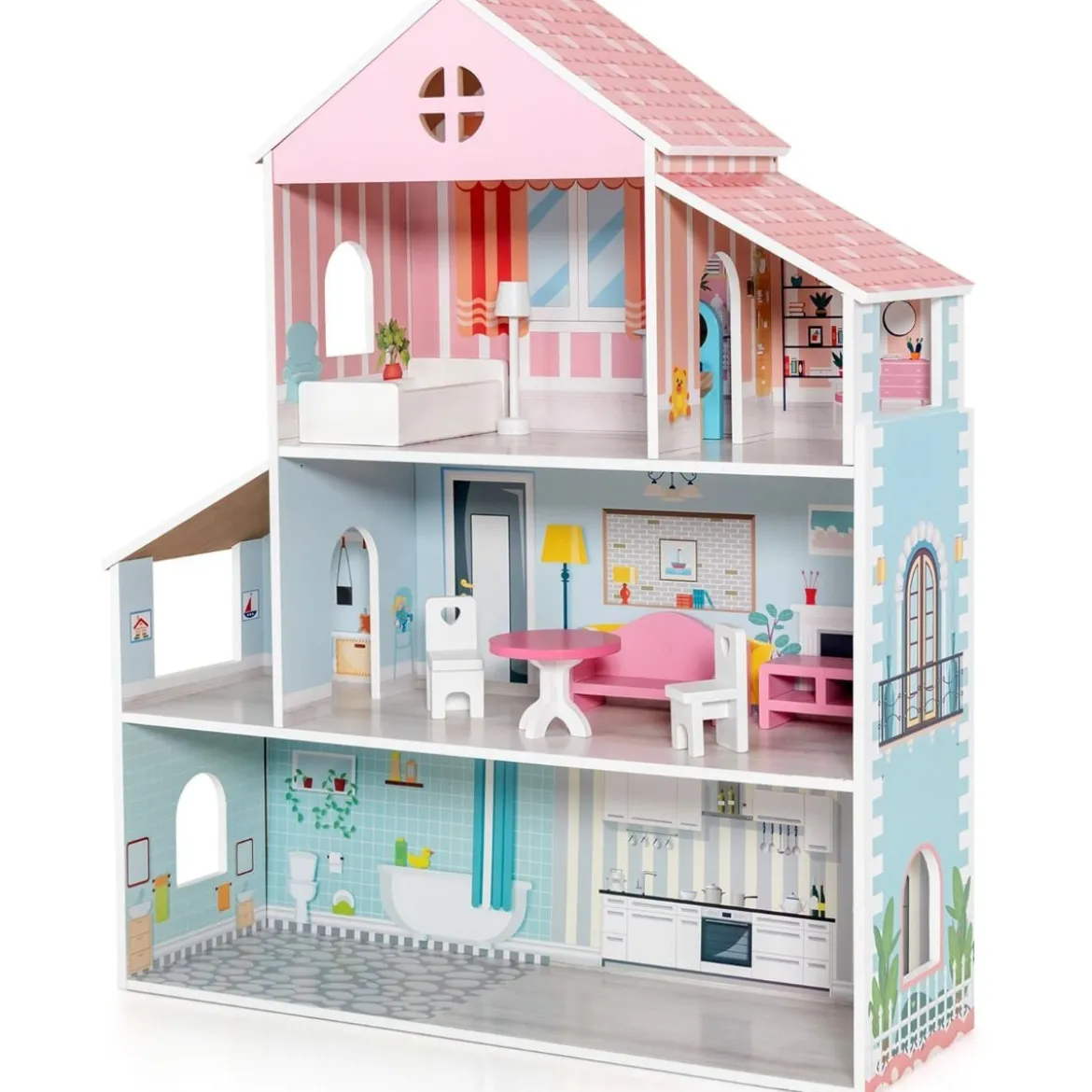 Hölzernes Puppenhaus mit 8-teiligem Möbelset für Kinder ab 3 Jahren 71 x 23,5 x 87 cm